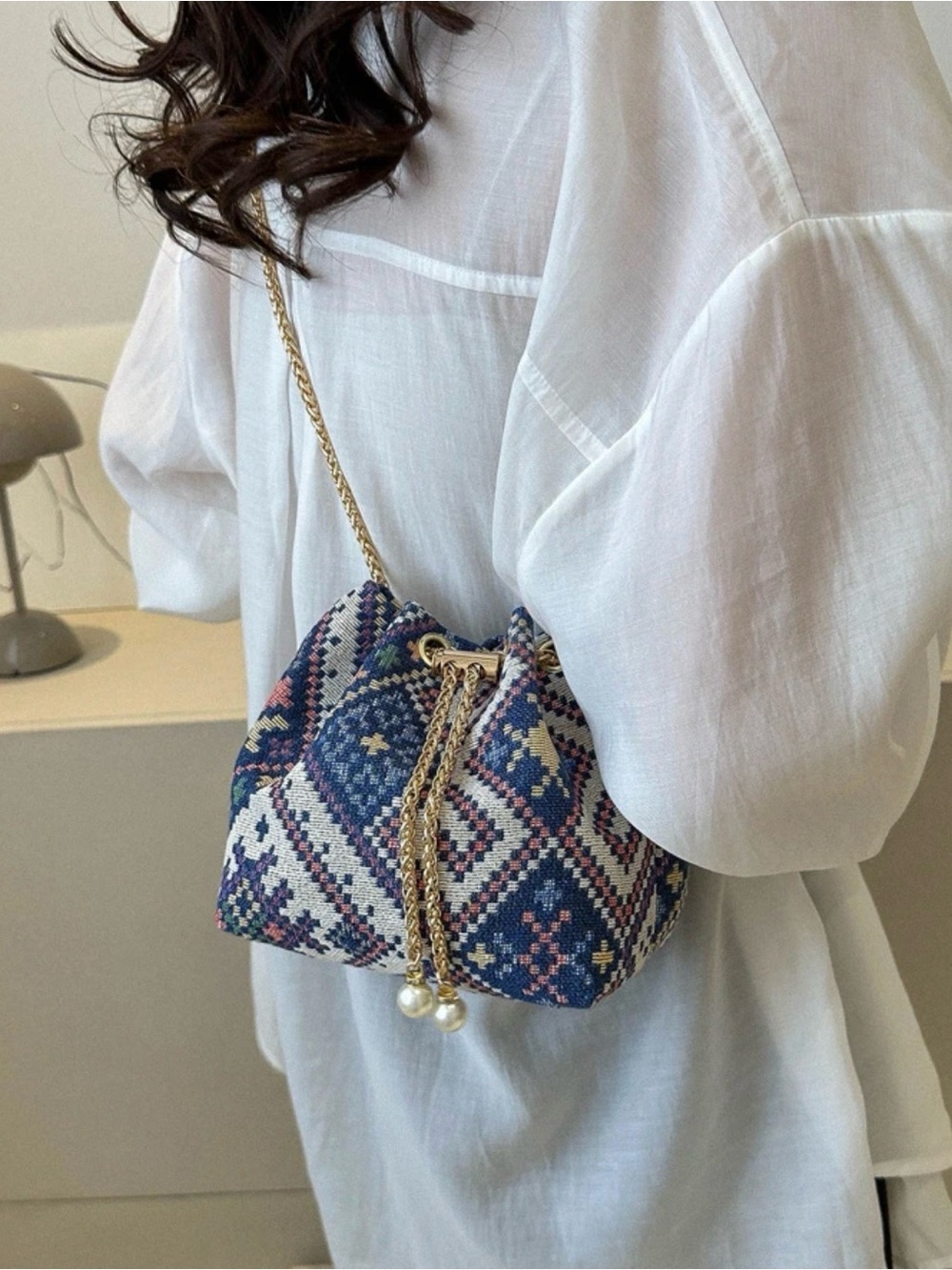 Woven Boho Drawstring Bucket Bag - Navy Pattern - Picture 4 of 7